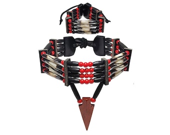 Traditional 4 Row Carved Buffalo Bone Hairpipe Beads Tribal Choker Necklace and Bracelet Set