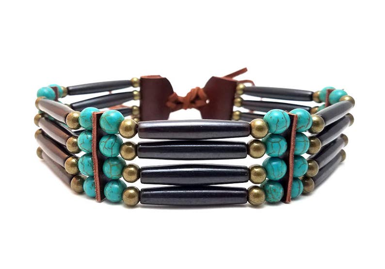 Handmade Brown Traditional 4 Row Buffalo Bone Hairpipe Tribal Choker Necklace
