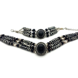 Handmade Traditional Tribal Carved Buffalo Bone Hairpipe Beads Choker Necklace And Bracelet Set