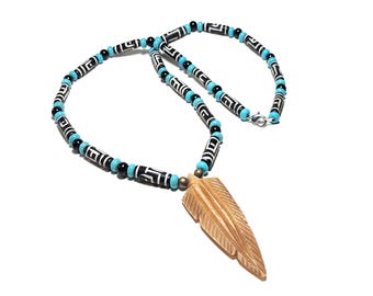Hand Carved Bone Feather Tribal Necklace