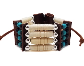 Handmade Traditional 4 Row Carved Buffalo Bone Hairpipe Beads Tribal Bracelet