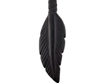 Hand Carved Black Buffalo Bone Feather Pendant