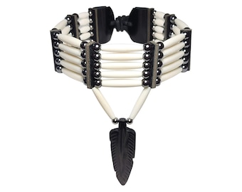 Traditional 5 Row Buffalo Bone Hairpipe Beads Tribal Choker Necklace with Feather Pendant
