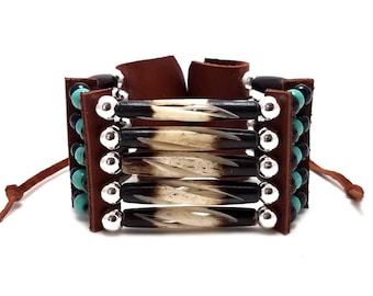 Handmade Traditional 5 Row Carved Buffalo Bone Hairpipe Beads Tribal Bracelet