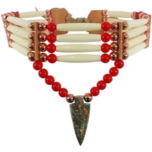 Handmade Traditional 4 Row Buffalo Bone Hairpipe Tribal Choker Necklace with Arrowhead Pendant