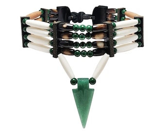 Traditional 4 Row Buffalo Bone Hairpipe Beads Tribal Choker Necklace with Aventurine Arrowhead Pendant