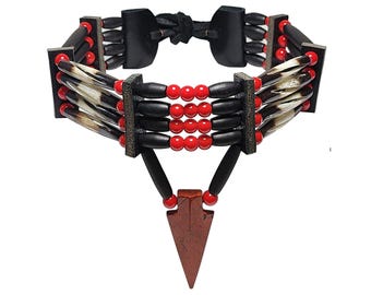 Traditional 4 Row Buffalo Bone Hairpipe Beads Tribal Choker Necklace with Red Jasper Arrowhead Pendant