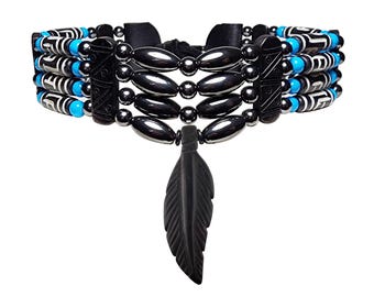 Traditional 4 Row Carved Buffalo Bone Hairpipe Beads Tribal Choker Necklace with Feather Pendant