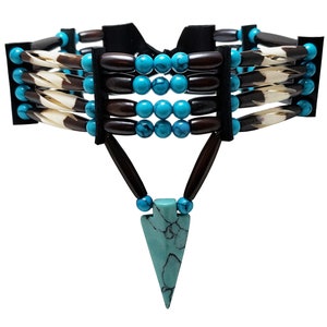 Traditional 4 Row Buffalo Bone Hairpipe Beads Tribal Choker Necklace with Arrowhead Pendant