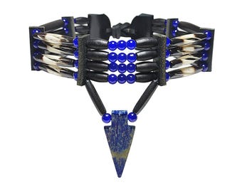 Traditional 4 Row Buffalo Bone Hairpipe Beads Tribal Choker Necklace with Lapis Lazuli Arrowhead Pendant
