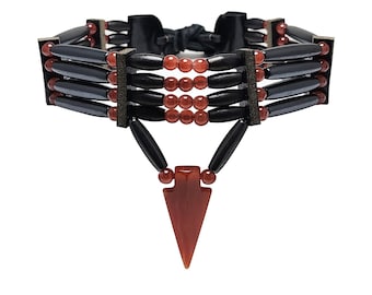 Traditional 4 Row Buffalo Bone Hairpipe Beads Tribal Choker Necklace with Carnelian Arrowhead Pendant