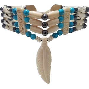 Traditional 4 Row Buffalo Bone Hairpipe Beads Tribal Choker Necklace with Feather Pendant