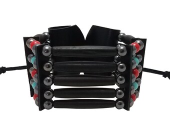 Handmade Traditional 5 Row Black Buffalo Bone Hairpipe Beads Tribal Bracelet