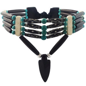 Handmade Traditional 4 Row Buffalo Bone Hairpipe Tribal Choker Necklace with Arrowhead Pendant