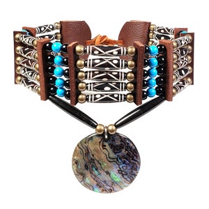 Traditional 5 Row Carved Buffalo Bone Hairpipe Beads Tribal Choker Necklace with Abalone Pendant