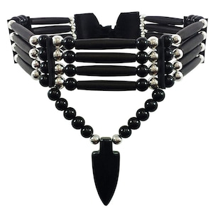 Handmade Black Traditional 4 Row Buffalo Bone Hairpipe Tribal Choker Necklace with Arrowhead Pendant