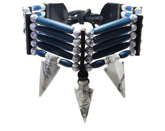 Traditional 5 Row Buffalo Bone Hairpipe Beads Tribal Choker Necklace with Arrowhead Pendants