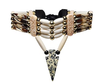 Traditional 4 Row Buffalo Bone Hairpipe Beads Tribal Choker Necklace with Arrowhead Pendant
