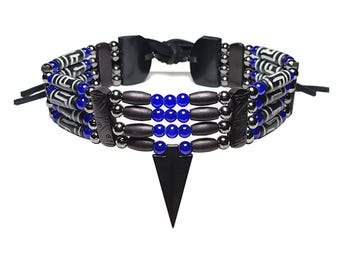 Traditional 4 Row Carved Buffalo Bone Hairpipe Beads Tribal Choker Necklace with Hematite Stone Arrowhead Pendant