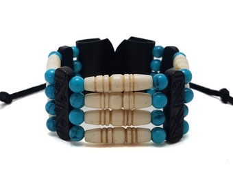 Handmade Traditional 4 Row Carved Buffalo Bone Hairpipe Beads Tribal Bracelet
