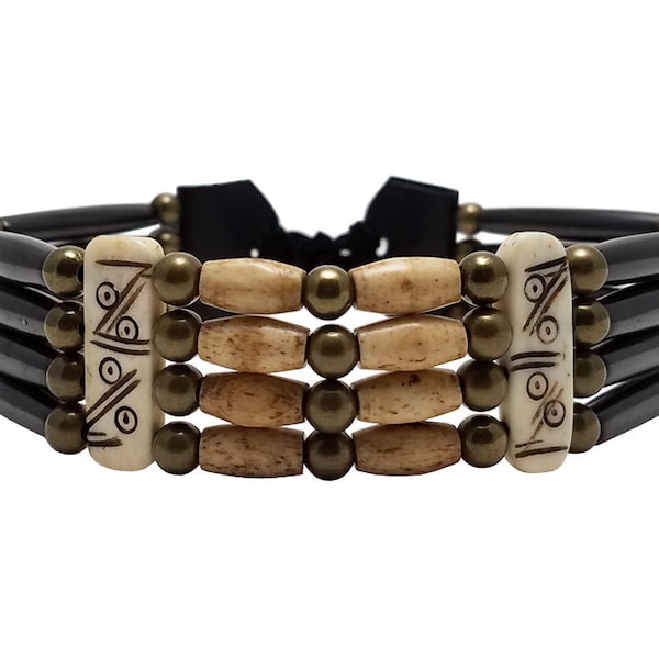 Handmade Traditional 4 Row Buffalo Bone Hairpipe Tribal Choker Necklace