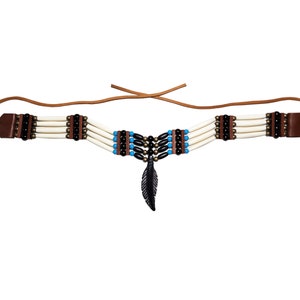 Traditional 4 Row Buffalo Bone Hairpipe Beads Tribal Choker Necklace with Feather Pendant