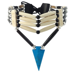 Handmade Traditional 4 Row Buffalo Bone Hairpipe Tribal Choker Necklace with Arrowhead Pendant