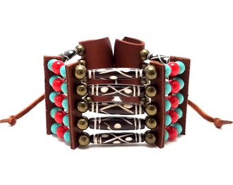 Handmade Traditional 5 Row Carved Buffalo Bone Hairpipe Beads Tribal Bracelet