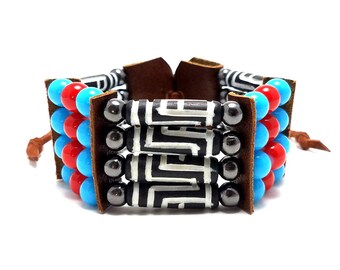 Handmade Traditional 4 Row Black Carved Buffalo Bone Hairpipe Beads Tribal Bracelet