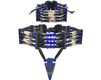Traditional 4 Row Carved Buffalo Bone Hairpipe Beads Tribal Choker Necklace and Bracelet Set