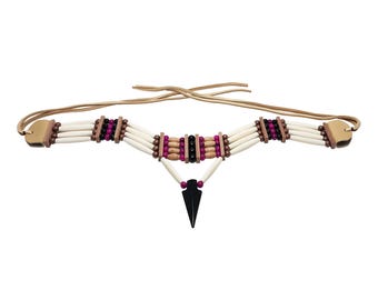 Traditional 4 Row Buffalo Bone Hairpipe Beads Tribal Choker Necklace with Black Onyx Arrowhead Pendant
