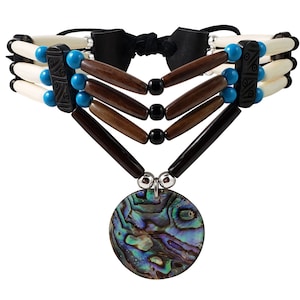 Traditional 3 Row Buffalo Bone Hairpipe Beads Tribal Choker Necklace with Abalone Pendant