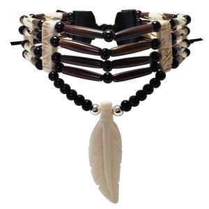 Traditional 4 Row Buffalo Bone Hairpipe Beads Tribal Choker Necklace with Bone Feather Pendant