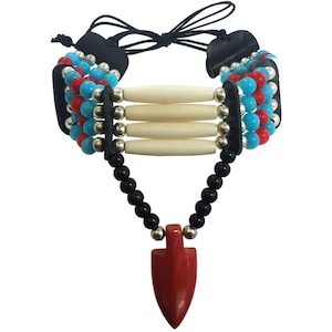 Handmade Traditional 4 Row Buffalo Bone Hairpipe Tribal Choker Necklace with Arrowhead Pendant