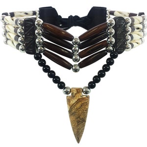 Handmade Traditional 4 Row Buffalo Bone Hairpipe Tribal Choker Necklace with Arrowhead Pendant