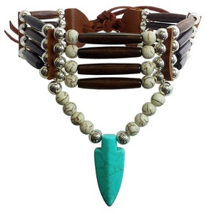Handmade Traditional 4 Row Buffalo Bone Hairpipe Tribal Choker Necklace with Arrowhead Pendant
