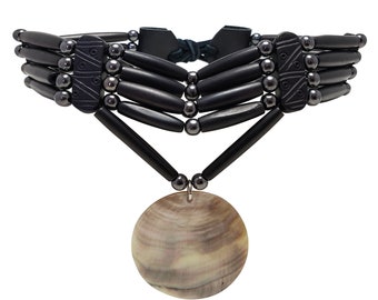 Traditional 4 Row Buffalo Bone Hairpipe Beads Tribal Choker Necklace with Black Lip Shell Pendant