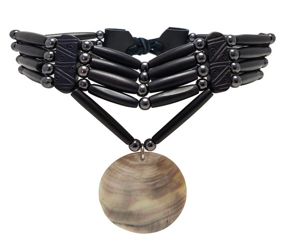 Traditional 4 Row Buffalo Bone Hairpipe Beads Tribal Choker Necklace with Black Lip Shell Pendant