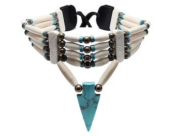 Traditional 4 Row Buffalo Bone Hairpipe Beads Tribal Choker Necklace with Arrowhead Pendant