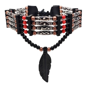 Traditional 4 Row Carved Buffalo Bone Hairpipe Tribal Choker Necklace with Feather Pendant