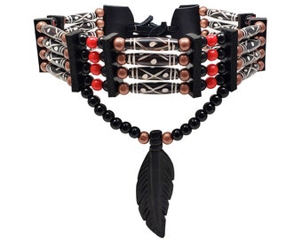 Traditional 4 Row Carved Buffalo Bone Hairpipe Tribal Choker Necklace with Feather Pendant