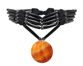 Traditional 4 Row Buffalo Bone Hairpipe Beads Tribal Choker Necklace with Spiny Oyster Seashell Pendant