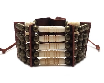 Handmade Traditional 5 Row Carved Buffalo Bone Hairpipe Beads Tribal Bracelet