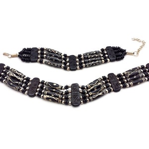Handmade Black Carved Buffalo Bone Hairpipe Beads Tribal Choker Necklace and Bracelet Set