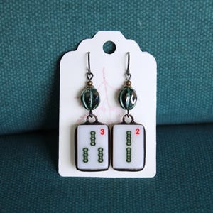 Mahjong Tile Earrings with Green Czech Beads