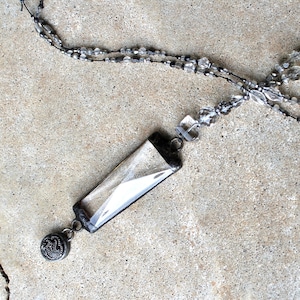 Tapered Crystal Bar with Vintage Button Necklace