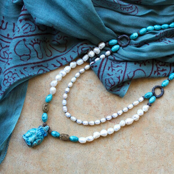 Pearl and Apatite Egyptian Motif Necklace