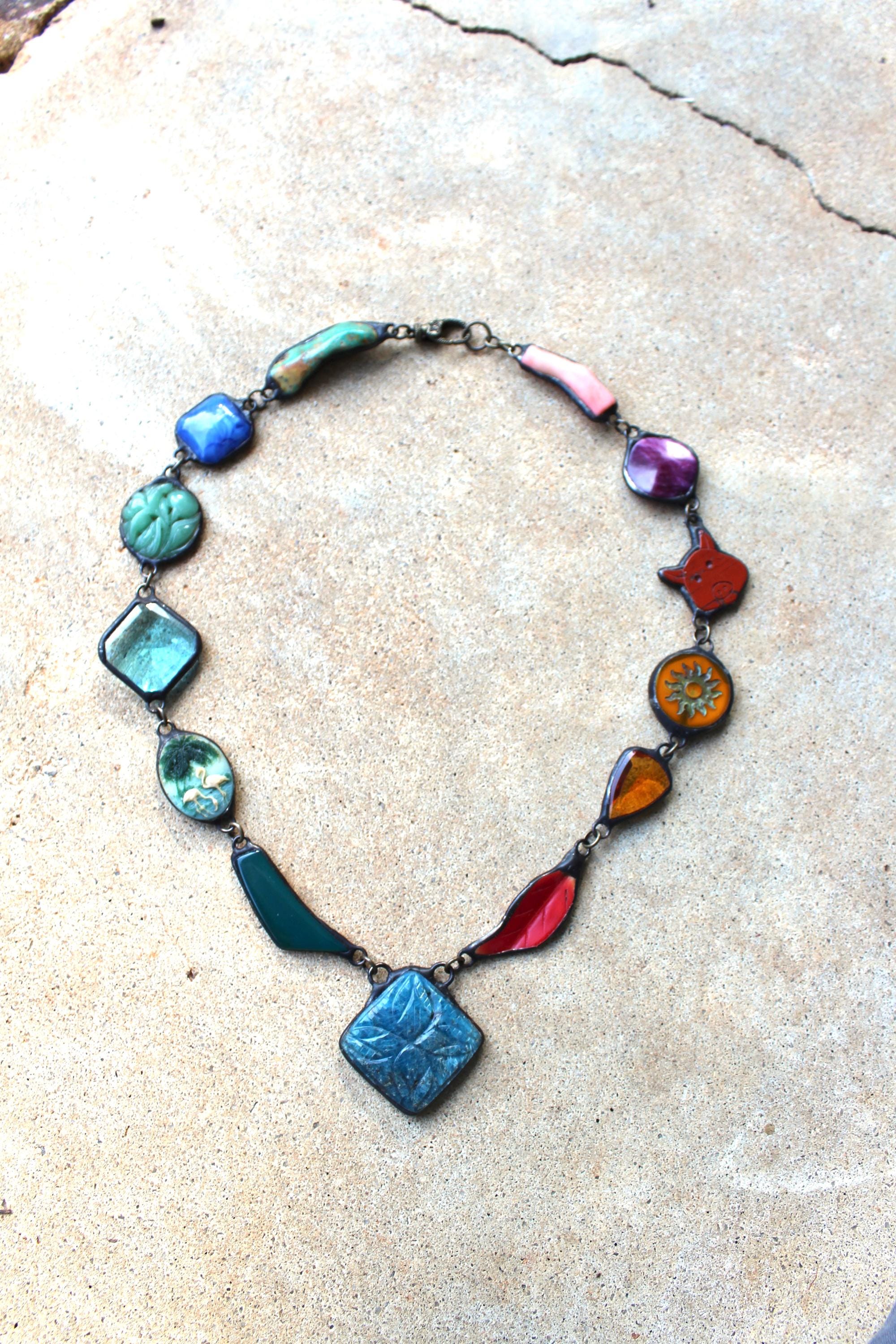 Linked Stone and Glass Charm Necklace with Carved Chrysocolla Pendant
