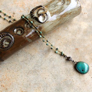 Genuine Turquoise Freeform Pendant with Turquoise Rosary Chain