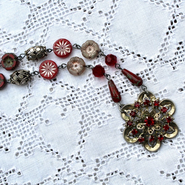 Belle Czech Glass and Repurposed Rhinestone Necklace in Red